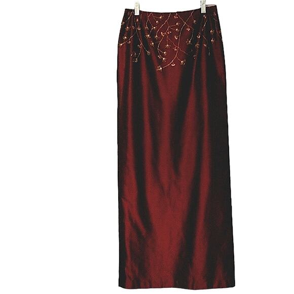 Laundry Shelli Segal Satin Maxi Skirt Sz 6 Red BURGUNDY BEADED Embroidery Party - Picture 6 of 8